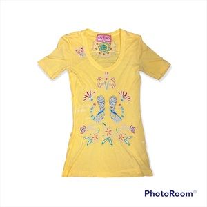 JWLA JOHNNY WAS Yellow Embroidery Peacock Short Shirt